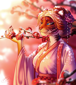 accessory anthro asian_clothing biped blue_eyes branch chinese chinese_clothing clothed clothing dark_stripes east_asian_clothing eyebrows eyelashes facial_hair female fingers flower flower_in_hair fully_clothed fur hair hair_accessory hanfu mustache orange_body orange_fur orange_hair plant red_flower simple_background smile snow solo striped_body striped_fur stripes tree winter old_squatter zhu_meili felid feline felis mammal pantherine tiger 2024 digital_drawing_(artwork) digital_media_(artwork) half-length_portrait hi_res pink_theme portrait signature