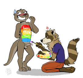anthro balls blush bodypaint bottomwear brown_body brown_fur brush clothed clothing cross-popping_vein duo embarrassed erection feet foreskin fur genitals half-closed_eyes holding_brush holding_object holding_paint_palette holding_paintbrush humanoid_genitalia humanoid_penis lgbt_pride looking_at_genitalia looking_at_penis male male/male narrowed_eyes nude paint_palette paintbrush painting_(action) pants partially_retracted_foreskin penis pride_color_bodypaint pride_colors rainbow_pride_colors shirt simple_background sitting smile tail teeth text toes topwear unwanted_erection nikraccoom lgbt_pride_month felix_(nik159) nik_(nik159) mammal mustelid otter procyonid raccoon absurd_res digital_media_(artwork) english_text hi_res