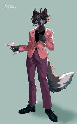 alcohol anthro beverage blue_eyes bottomwear clothing container cup dark_boots dark_hair fox_ears fox_tail glass glass_container glass_cup grey_body horn jacket looking_at_viewer mafia male pants pink_bottomwear pink_clothing pink_jacket pink_pants pink_topwear solo teeth topwear white_body sugar_(artist) mythology canid canine dragon fox hybrid mammal mythological_creature mythological_scalie scalie absurd_res digital_media_(artwork) hi_res
