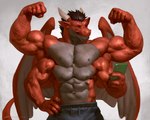 4_arms 4_nipples 4_pecs abs anthro barazoku biceps big_muscles bottomwear brown_hair cellphone claws clothed clothing countershade_torso countershading electronics flexing flexing_bicep flexing_both_biceps grey_background grey_body grey_countershading hair hand_on_hip holding_object holding_phone horn huge_muscles humanoid_pointy_ears male multi_arm multi_limb multi_nipple multi_pecs muscular muscular_anthro muscular_male navel nipples pants pecs phone pointy_ears red_body simple_background smartphone smile solo standing topless topless_male vein veiny_muscles wings taran_fiddler european_mythology mythology dragon mythological_creature mythological_scalie scalie western_dragon 2021 dated digital_media_(artwork) hi_res signature