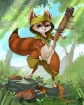 anthro arbalist black_tail_tip bottomwear bottomwear_down breasts clothed clothing crossbow detailed_background dipstick_tail eye_makeup female forest fur genitals holding_object holding_weapon markings outside pants pants_down partially_clothed plant pussy ranged_weapon semi-anthro solo tail tail_markings tree weapon kokoni dirtyrenamon dota valve hoodwink_(dota) mammal rodent sciurid tree_squirrel 4:5 digital_media_(artwork) hi_res shaded