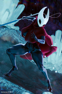 anthro big_breasts bottomless breasts cave clothed clothing crystal female genitals pose solo vulva weapon foxventus samzan_(modeler) hollow_knight_(franchise) team_cherry hornet_(hollow_knight) arthropod insect 3d_(artwork) digital_media_(artwork) hi_res