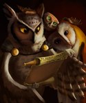 amber_eyes ambiguous_gender beak brown_body cloak clothing fantasy feathered_wings feathers feral green_eyes group scroll simple_background text white_body white_feathers wings jakeseeker avian barn_owl bird horned_owl owl true_owl tyto tytonid hi_res