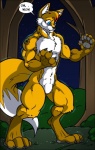 4_toes abs anthro arm_tattoo athletic biceps big_feet big_muscles black-rat black_claws blue_eyes canid canine claws detailed_background digitigrade dipstick_tail feet forest fox foxlightning fur gloves_(marking) grey_pawpads hi_res highlights_(coloring) leg_markings male mammal markings muscular muscular_anthro muscular_male muscular_thighs naturally_censored nude outside pawpads paws pecs plant red_highlights snout socks_(marking) solo spirits tail tail_markings tattoo teeth toes transformation tree white_body white_fur wood yellow_body yellow_fur