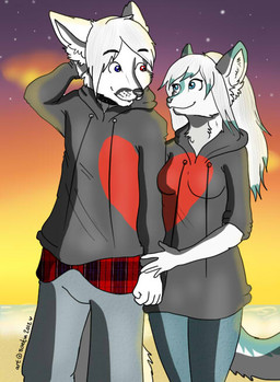 anthro blue_eyes bottomwear breasts clothing collar duo female fur green_body green_fur heart_symbol heterochromia hoodie leggings legwear male matching_outfits pants plaid red_eyes sunset tail topwear saetia ly-ulf saya_darkmoon canid canine canis mammal wolf 2012
