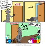 2019 absurd_res angry anthro canid canine canis comic convention dialogue domestic_dog door doorway english_text event fandom funny_face group hi_res humor inside male mammal meme party text thaismotosuwa wolf