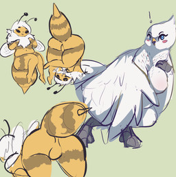 antennae_(anatomy) anthro beak biped black_eyes blue_eyes blush breasts butt duo exclamation_point feathers featureless_breasts featureless_crotch female fur green_background hair looking_at_viewer null presenting presenting_hindquarters simple_background slightly_chubby standing stinger striped_body stripes white_body white_feathers white_fur white_hair white_wings wings yellow_beak yellow_body yellow_butt yellow_fur squaresville arthropod avian bee hymenopteran insect 2024 multiple_images
