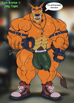 abs anthro balls balls_outline barazoku biceps big_balls big_muscles big_pecs big_penis body_hair bottomwear brown_hair bulge clothing deltoids detailed_bulge dialogue eyebrows fangs flexing footwear fur genital_outline genitals gloves hair handwear jewelry jockstrap looking_down male manly muscular muscular_anthro muscular_arms muscular_legs muscular_male muscular_thighs necklace obliques pecs penis penis_outline pubes shoes smile solo standing tail tail_tuft tan_body tan_fur teeth text thick_eyebrows triceps tuft underwear vein veiny_muscles vaniwulf activision crash_bandicoot_(series) tiny_tiger dasyuromorph mammal marsupial recently_extinct_species thylacine absurd_res english_text hi_res