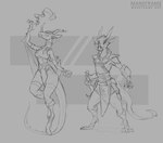 anthro belt bottomwear breasts clothed clothing female horn jewelry loincloth smile solo tail text maneframe mythology adressa_(sindri) dragon mythological_creature mythological_scalie scalie digital_media_(artwork) hi_res monochrome