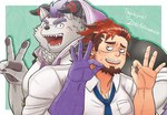 anthro clothing duo facial_hair fur gesture hair hand_gesture hoodie male necktie pecs purple_hair scar smile topwear v_sign white_body white_fur tyumuta_03 lifewonders tokyo_afterschool_summoners behemoth_(tas) boogeyman_(tas) human mammal monster