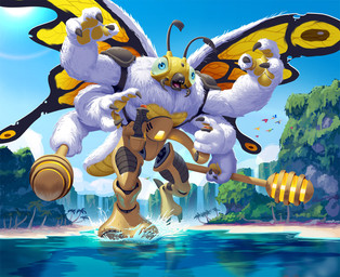 6_arms antennae_(anatomy) anthro armor arthropod_abdomen beach blue_eyes cloud cybernetics day detailed_background fur holding_object holding_staff insect_wings lepidopteran_wings machine macro male mandibles multi_arm multi_limb open_mouth outside palm_tree pauldron plant solo staff tree walking water waterfall white_body white_fur wings yellow_body paul_mafayon king_of_monster_island arthropod cyborg insect lepidopteran moth 2022 digital_media_(artwork) hi_res official_art