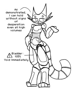 ambiguous_gender anthro bladder bodily_fluids full_bladder genital_fluids long_tail machine nonchalant omorashi organs tail toony urine watersports whiskers willing_omorashi x-ray_view 0sunlight0 felid feline mammal robot robot_anthro monochrome