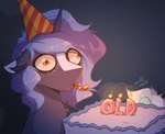 birthday birthday_cake blaze_(marking) cake chest_tuft clothing derp_eyes dessert facial_markings feral food hat head_markings headgear headwear horn male markings party_hat party_horn sniffing tuft witchtaunter friendship_is_magic hasbro my_little_pony mythology fan_character lyra_heartstrings_(mlp) witching_hour equid equine mammal mythological_creature mythological_equine unicorn 2023 hi_res