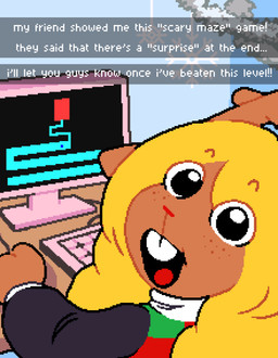 anthro antlers blonde_hair brown_body brown_fur buckteeth checkered checkered_clothing checkered_sweater checkered_topwear clothing computer electronics exclamation_point eyebrow_through_hair eyebrows female freckled_face freckles fur hair horn impending_jumpscare keyboard long_hair looking_back open_mouth pattern_clothing pattern_sweater pattern_topwear red_nose smile snowflake solo sweater teeth text topwear translucent translucent_hair asepriterico deltarune scary_maze_game undertale_(series) noelle_holiday deer mammal new_world_deer reindeer 2025 absurd_res digital_drawing_(artwork) digital_media_(artwork) english_text hi_res meme