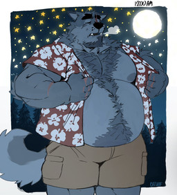 anthro arm_scar arm_tuft beard belly belly_tuft blue_body body_hair breath chest_tuft clothed clothing eye_scar facial_hair facial_scar finger_scar happy_trail khaki_shorts male moon multicolored_body musclegut muscular muscular_anthro muscular_male neck_tuft night nipples open_clothing open_shirt open_topwear outside overweight overweight_anthro overweight_male panting scar shirt solo standing star tail teeth text time topwear tuft two_tone_body catoof grey_(catoof) canid canine canis mammal wolf english_text hi_res signature
