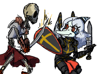amber_eyes anthro armor bone bone_frill duo eyelashes feathered_wings feathers female fight frill_(anatomy) grey_body grey_hair grey_scales hair knight long_hair male melee_weapon scales shield simple_background skeleton smile snout sword warrior weapon white_background wings faustanon cavemanon_studios goodbye_volcano_high ko_op_(game_developer) snoot_game fang_(gvh) animated_skeleton humanoid prehistoric_species pterodactylus pterosaur reptile scalie undead 2025 digital_drawing_(artwork) digital_media_(artwork)
