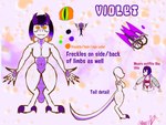 anthro black_hair bob_cut breasts claws colored_sclera female forked_tongue freckles futuristic_gun hair horn long_tail medium_breasts navel orange_hair orange_sclera pawpads puffy_jacket purple_body purple_hair solo speckles spots tail text tongue white_body m-a-dragon 261x violet_(madragon) ball_python humanoid python python_(genus) reptile scalie snake absurd_res english_text hi_res model_sheet