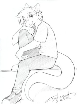 anthro biped bottomwear cheek_tuft claws closed_smile clothed clothing eyebrow_through_hair eyebrows facial_tuft finger_claws fingers flesh_fang footwear fully_clothed fur hair hand_on_knee hand_on_leg hand_on_own_knee hand_on_own_leg holding_leg holding_own_leg inner_ear_fluff leggings legwear looking_at_viewer male mouth_closed plantigrade pointy_ears prick_ears pupils shirt shoes short_hair side_view simple_background sitting slit_pupils smile smiling_at_viewer sneakers snout solo t-shirt tail tapering_tail topwear translucent translucent_hair tuft conditional_dnp tom_fischbach mythology terra_(terrathewizard) canid canine canis dragon furred_dragon furred_scalie hybrid mammal mythological_creature mythological_scalie scalie wingless_dragon wolf 2025 absurd_res alternate_version_at_source dated full-length_portrait graphite_(artwork) greyscale hi_res monochrome portrait signature sketch traditional_media_(artwork) andromorph_(lore)
