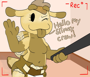4_fingers anthro biped camera_view clean_diaper clothed clothing detailed_background dialogue diaper diaper_fetish diaper_only female fingers holding_object inside multicolored_body one_eye_closed recording selfie_stick smile solo standing text tongue tongue_out topless two_tone_body waving_hand wearing_diaper wink shadyadi cinnamon_(shadyadi) gastropod mollusk snail 2021 english_text hi_res