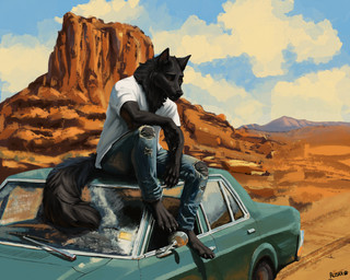 anthro barefoot black_body black_fur bottomwear car claws clothing cloud denim denim_bottomwear denim_clothing desert feet finger_claws fur jeans male orange_eyes outside pants paws shirt sitting sitting_on_car solo tail toe_claws topwear torn_bottomwear torn_clothing torn_jeans torn_pants vehicle ruska_(artist) canid canine canis mammal wolf digital_media_(artwork) hi_res signature