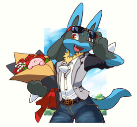 anthro belt black_body black_fur blue_body blue_fur bottomwear clothed clothing collared_shirt denim denim_bottomwear denim_clothing dress_shirt eyewear eyewear_on_head flower fur holidays jacket jeans looking_at_viewer male pants plant red_eyes ribbons rose_(flower) shirt smile solo sunglasses sunglasses_on_head tail topwear dahecksajerry kirby_(series) nintendo pokemon valentine's_day kirby generation_4_pokemon lucario pokemon_(species) 2022 hi_res