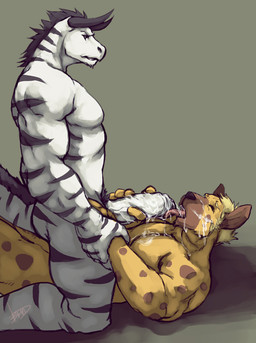 anthro biceps black_hair black_nose bodily_fluids brown_body brown_fur butt cum cum_on_chest cum_on_face duo erection fellatio foreskin fur genital_fluids genitals hair handjob horn humanoid_genitalia humanoid_penis interspecies licking male male/male male_on_bottom male_on_top male_penetrated male_penetrating male_penetrating_male muscular on_bottom on_top oral partially_retracted_foreskin pecs penetration penile penis penis_lick pubes sex straddling stripes tail tongue tongue_out white_body white_fur boulevard mythology dan_maku spotgideon canid canine dragon hyena mammal mythological_creature mythological_scalie scalie spotted_hyena