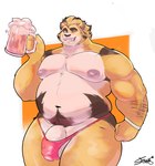 anthro belly big_nipples bulge clothing detailed_bulge fur genital_outline genitals grin holding_beer ineffective_clothing male moobs musclegut muscular nipples one_eye_closed overweight overweight_anthro overweight_male penis penis_base penis_outline pink_clothing pink_thong pink_underwear smile solo striped_body striped_fur striped_mane stripes thick_thighs thong underwear wink yellow_body yellow_fur thejosehp202 taishou felid lion mammal pantherine hi_res portrait three-quarter_portrait