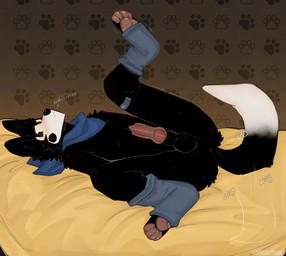 animal_genitalia animal_penis anthro anus balls band-aid band-aid_on_leg bandage bedding black_body black_fur blush bodily_fluids butt canine_genitalia canine_penis clothing dipstick_tail footprint footwear fur genital_fluids genitals kerchief knot legs_up male markings mole_(marking) neckerchief neckwear nervous pawpads pawprint penis pie_cut_eyes precum precum_bead presenting presenting_anus presenting_hindquarters presenting_penis raised_leg sheath solo tail tail_markings tail_motion tailwag tremble_spikes whining white_body white_fur cerberussenn lucky_sweeto_(cerberussenn) canid canine canis mammal wolf absurd_res hi_res