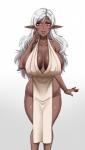 big_breasts breasts cleavage clothed clothing dark_body dark_skin dress female grey_hair hair huge_breasts humanoid_pointy_ears markings mole_(marking) not_furry red_eyes solo twrlare elf humanoid 2019 hi_res