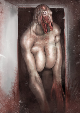 anthro big_breasts blood blood_on_face blood_on_hand bodily_fluids bone breasts door doorway featureless_breasts female front_view hair huge_breasts looking_at_viewer open_mouth skull skull_head solo tan_body thick_thighs white_eyes wide_hips hxveuseenmypen equid equine horse mammal monster absurd_res hi_res