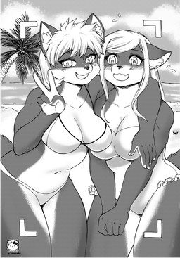 anthro arm_around_shoulders beach bikini biped blush breasts camera_view cleavage clothed clothing duo female fully_clothed fur gesture hair hand_gesture hug kemono looking_at_viewer midriff navel one-piece_swimsuit outside palm_tree photo plant pose seaside smile swimwear tree two-piece_swimsuit v_sign murazaki enko_(xirix) yuki_(xirix) canid canine fox mammal red_fox true_fox 2020 absurd_res greyscale hi_res monochrome