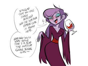 blush drunk eyes_closed fangs female hair lipstick makeup not_furry purple_hair simple_background solo substance_intoxication teeth text white_background wide_hips herny ghoul_school hanna-barbera scooby-doo_(series) sibella_dracula humanoid vampire english_text