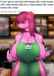 annoyed anthro apron apron_only areola areola_slip big_breasts blush breasts choker cleavage clothed clothing female freckles green_apron green_clothing huge_breasts jewelry mostly_nude necklace nipples non-mammal_breasts non-mammal_nipples purple_body solo text huwon deltarune i_mean_breast_milk undertale_(series) susie_(deltarune) reptile scalie english_text hi_res meme