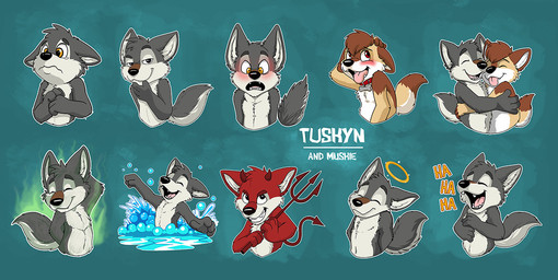 anthro black_nose blue_background blush bodily_fluids brown_hair closed_smile collar crying dipstick_tail duo fangs fur grey_body grey_fur grey_tail grin hair halo horn hug male male_anthro markings melee_weapon mouth_closed musk nude open_mouth orange_eyes polearm red_body red_collar red_fur red_horn red_tail simple_background smile solo tail tail_markings tan_body tan_fur tan_tail tears teeth tongue tongue_out trident weapon white_body white_fur white_tail pandapaco canid canine mammal multiple_images