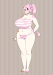 anthro big_breasts breasts clothing crop_top genitals gynomorph hair heterochromia hooved_toes hooves horn huge_breasts intersex long_ears navel panties penis purple_hair shirt solo tail topwear underwear miu bovid bovine cattle mammal hi_res trans_(lore) trans_woman_(lore)