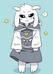 4_fingers anthro barefoot black_sclera blue_background chibi clothed clothing feet fingers front_view frown fully_clothed fur horn looking_at_viewer male question_mark robe simple_background solo speech_bubble standing star toony white_body white_eyes white_fur ikutasemi undertale undertale_(series) asriel_dreemurr_(god_form) boss_monster_(undertale) bovid caprine mammal full-length_portrait portrait