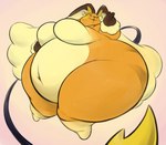 2023 anthro big_breasts breasts chubby_cheeks featureless_breasts female fur fusion generation_1_pokemon generation_4_pokemon hi_res hoodah huge_hips hybrid long_tail lopunny navel nintendo obese obese_anthro obese_female overweight overweight_anthro overweight_female pokemon pokemon_(species) raichu simple_background solo tail thick_thighs wide_hips yellow_body yellow_fur