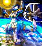 anthro barefoot biped black_nose blue_body blue_fur blue_hair breasts clothing feet female fur hair macro planet short_hair solo spacecraft standing_on_planet terra_macro vehicle white_body white_fur mrease nintendo star_fox krystal_(star_fox) canid canine fox mammal 2018 digital_media_(artwork)