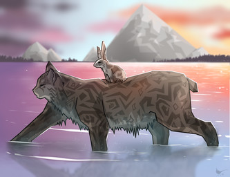 ambiguous_gender carrying_another dripping dripping_wet duo ears_up feral fur fur_markings lake markings mountain on_top outside partially_submerged pointy_ears prick_ears riding short_tail side_view simple_eyes size_difference sky smaller_on_top standing tail tan_body tan_fur walking water wet wet_body wet_fur thetruepheasant might_and_delight shelter_(game_series) felid feline lagomorph leporid lynx mammal rabbit watermark