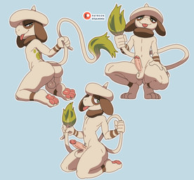 anthro backsack balls bent_legs big_butt blue_background bubble_butt butt crouching erection fur genitals humanoid_genitalia humanoid_penis kneeling long_tail male multiple_angles pawpads penis pose presenting presenting_hindquarters simple_background solo tail thick_thighs tongue tongue_out white_body white_fur rosalino nintendo pokemon generation_2_pokemon pokemon_(species) smeargle hi_res