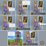 absurd_res annoyed anthro canid canine cheetah clothing comic commentary countershading dialogue drawing drawing_in_a_drawing drawing_table dress duo english_text felid feline female fox fur hi_res julia_(vestina) male mammal markings purple_clothing purple_dress simple_background spots spotted_body spotted_fur text vestina watermark