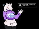 5_fingers anthro belly black_clothing black_legwear black_thigh_highs blush bodily_fluids clothing fangs female fingers flying_sweatdrops fur genitals legwear long_ears midriff navel pantsless_anthro pubes purple_clothing purple_sweater purple_topwear pussy slightly_chubby smile solo speech_bubble sweat sweatdrop sweater teeth text thigh_highs topwear white_body white_fur finalfrantasy undertale_(series) toriel boss_monster_(undertale) bovid caprine mammal 2019 colored digital_drawing_(artwork) digital_media_(artwork) pixel_(artwork)