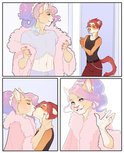 anthro anthro_on_anthro black_clothing black_topwear blue_clothing blue_eyes blue_topwear border bottomwear clothed clothing crossdressing duo eyelashes eyes_closed femboy femboy/femboy front_view fur gradient_hair grey_eyes hair kissing male male/male narrowed_eyes orange_body orange_fur pink_hair purple_hair red_bottomwear red_clothing side_view simple_background smile standing topwear wavy_hair white_body white_border white_fur apple-faced christian-vuychik xavier_(hayato) felid mammal comic hi_res