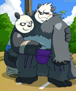 3_toes 5_fingers angry anthro asian_clothing bamboo bamboo_forest bamboo_stick bandage bandaged_arm bandaged_foot bangs belly big_belly black_body black_cape black_claws black_clothing black_eyebrows black_eyes black_feet black_nose blue_clothing blue_mawashi blue_sky blush bodily_fluids bottomwear cape claws clothed clothing deep_navel duo ears_up east_asian_clothing eyebrows fat_belly feet fight fighting_back fighting_pose fighting_ring fingers forest forest_background fur hair happy hug hugging_another hugging_from_behind japanese_clothing kemono leaf leaf_on_mouth long_story love male male/male mawashi nature nature_background navel navel_fetish navel_fingering navel_focus navel_poke obese obese_anthro obese_humanoid obese_male overweight overweight_anthro overweight_humanoid overweight_male pattern_background plant pose purple_clothing purple_mawashi restricted rivalry rivals shrub simple_background size_difference sky smile smiling_at_another sumo sumo_pose sumo_ring sumo_wrestler sumo_wrestling sweat sweaty_body sweaty_face teeth teeth_showing through toes topless touching_hair touching_hand touching_hands touching_shoulder touching_shoulders toying_each_other tree white_belly white_body white_eyes white_fur white_hair white_navel wrestling hisashino dreamworks kung_fu_panda nintendo pokemon goronda master_po_ping arthropod bear felid generation_6_pokemon giant_panda humanoid mammal pangoro pokemon_(species) 2018 5:6 hi_res story story_in_description