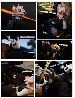 anthro antlers anus black_body black_fur bodily_fluids bone bottomwear bottomwear_down butt car clothed clothing dialogue driving duo female fur genital_fluids genitals hair horn inside_car inside_vehicle male male/female omorashi open_mouth outside pants pants_down partially_clothed peeing skull skull_head speech_bubble spread_legs spreading text topwear urine urine_stream vehicle vulva watersports white_body white_fur the_texorcist american_mythology indigenous_north_american_mythology mythology north_american_mythology chimney_(the_texorcist) tex_(the_texorcist) bovid canid canine caprine fox mammal monster mythological_creature wendigo 3d_(artwork) absurd_res comic digital_media_(artwork) hi_res