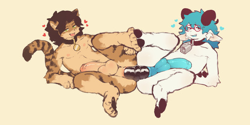 anal anal_masturbation anal_penetration anthro anthro_on_anthro bell bell_collar collar dildo double_dildo double_dildo_in_ass duo eyewear feet footsie fur genitals glasses heart_symbol hooves horn humanoid_genitalia humanoid_penis inner_ear_fluff looking_pleasured male male/male masturbation medial_ringed_dildo mutual_masturbation nipples pawpads penetration penis sex_toy striped_body striped_fur stripes tail tuft white_body white_fur aricanruka caio_(lucaarts) ruka_(aricanruka) bovid canid caprine goat mammal 2025