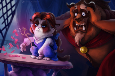 anthro clothing duo female feral flower frown furniture grumpy horn humor looking_at_viewer male plant rose_(flower) table wtf_face tsaoshin beauty_and_the_beast disney beast_(disney) tardar_sauce domestic_cat felid feline felis mammal 3:2 digital_media_(artwork) digital_painting_(artwork) meme painting_(artwork)