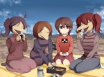 ahoge anthro beak beverage bottomwear breasts brown_hair can chopsticks clothed clothing cloud container female female_anthro food footwear for_a_head grass grid group hair makizushi onigiri outside pants picnic pigtails plant ponytail rice shirt skirt sky small_breasts socks stripes sushi thermos topwear young mizukami_ryouma xjr1250 yume_nikki madotsuki animal_head avian human humanoid mammal toriningen