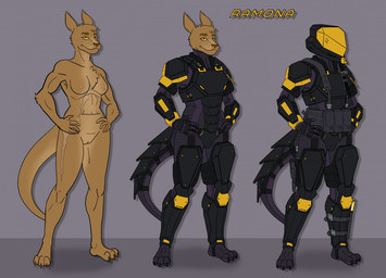 anthro armor athletic athletic_female breasts brown_body eyebrow_scar eyebrows facial_scar female furgonomics genitals headgear helmet knife looking_at_viewer magazine_pouch military nude pouch_(anatomy) scar science_fiction solo vulva yellow_eyes goeliath ramona_(cosmicroo) kangaroo macropod mammal marsupial 2020 model_sheet