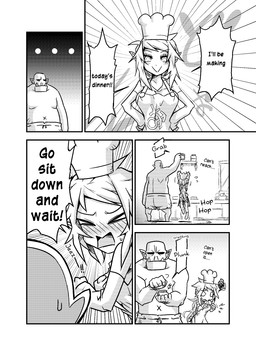 dialogue duo female food humor male not_furry text jin_(mugenjin) elfxorc elf humanoid orc comic english_text hi_res monochrome